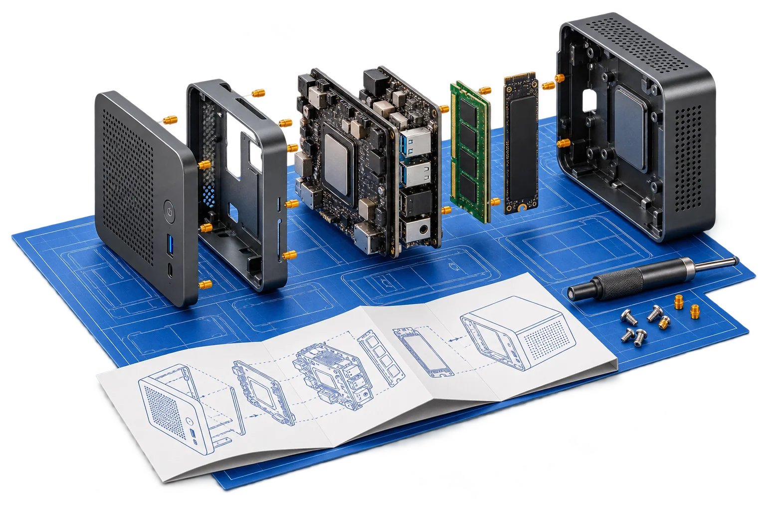 Mini PC components above a technical build plan