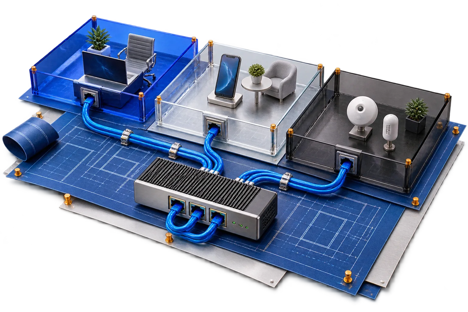 Three separated network zones on a technical plan