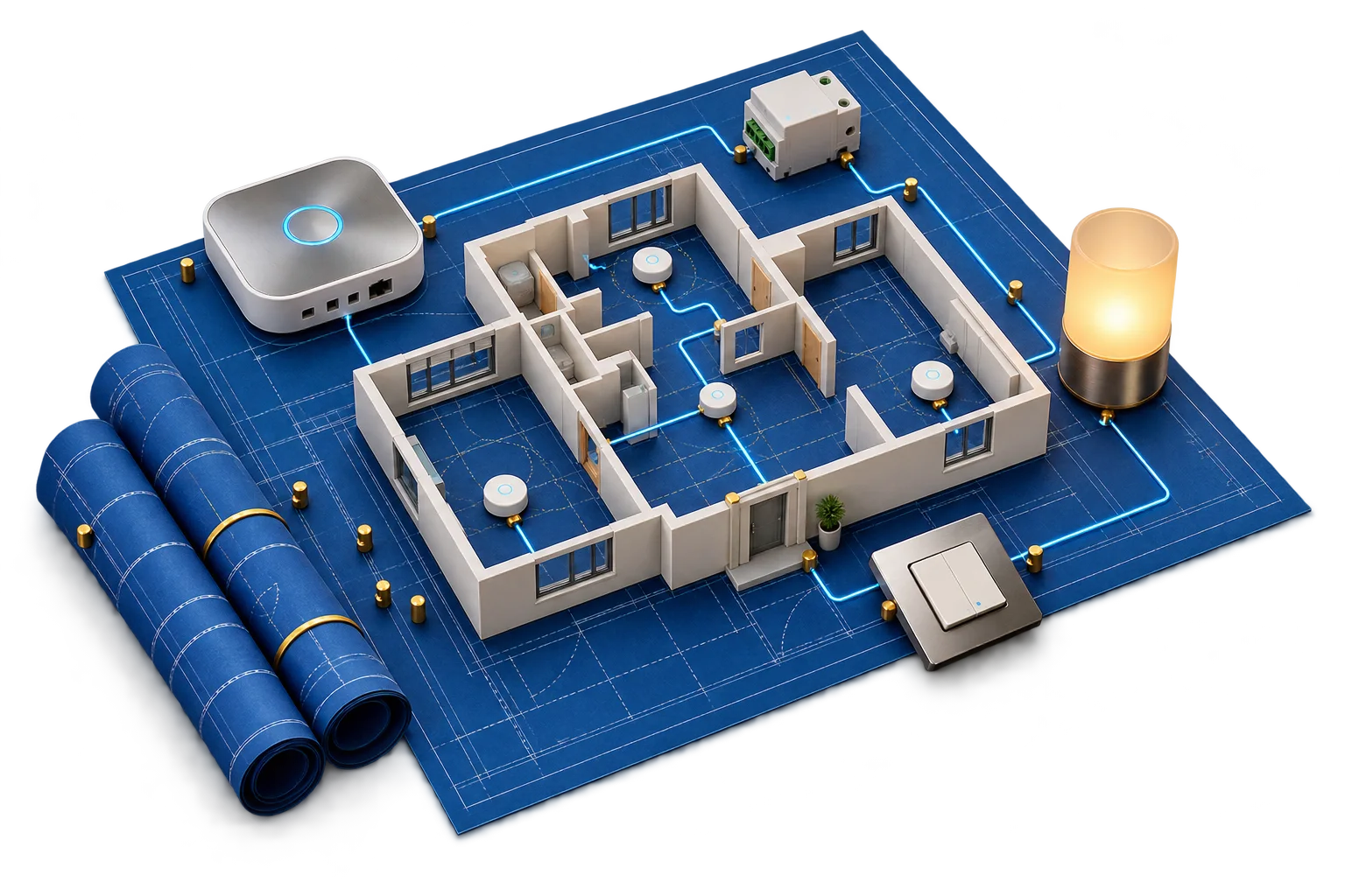 House floor plan with local hub and smart home components