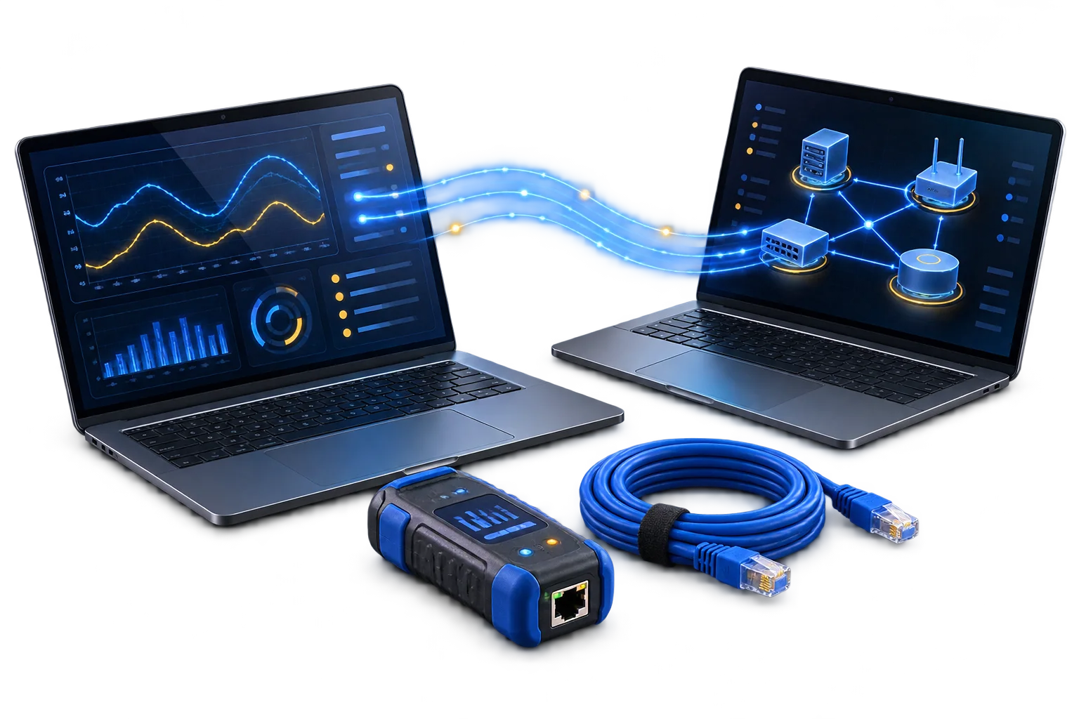 Two connected diagnostic laptops and networking tools